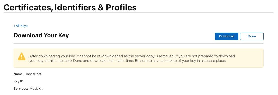 Image shows key being downloaded on the apple developer website