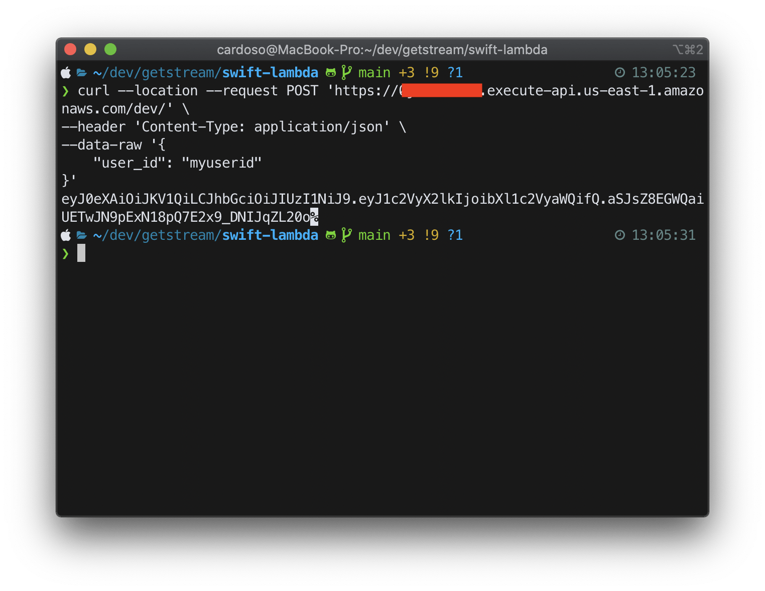 Image shows curl command running and a JWT output