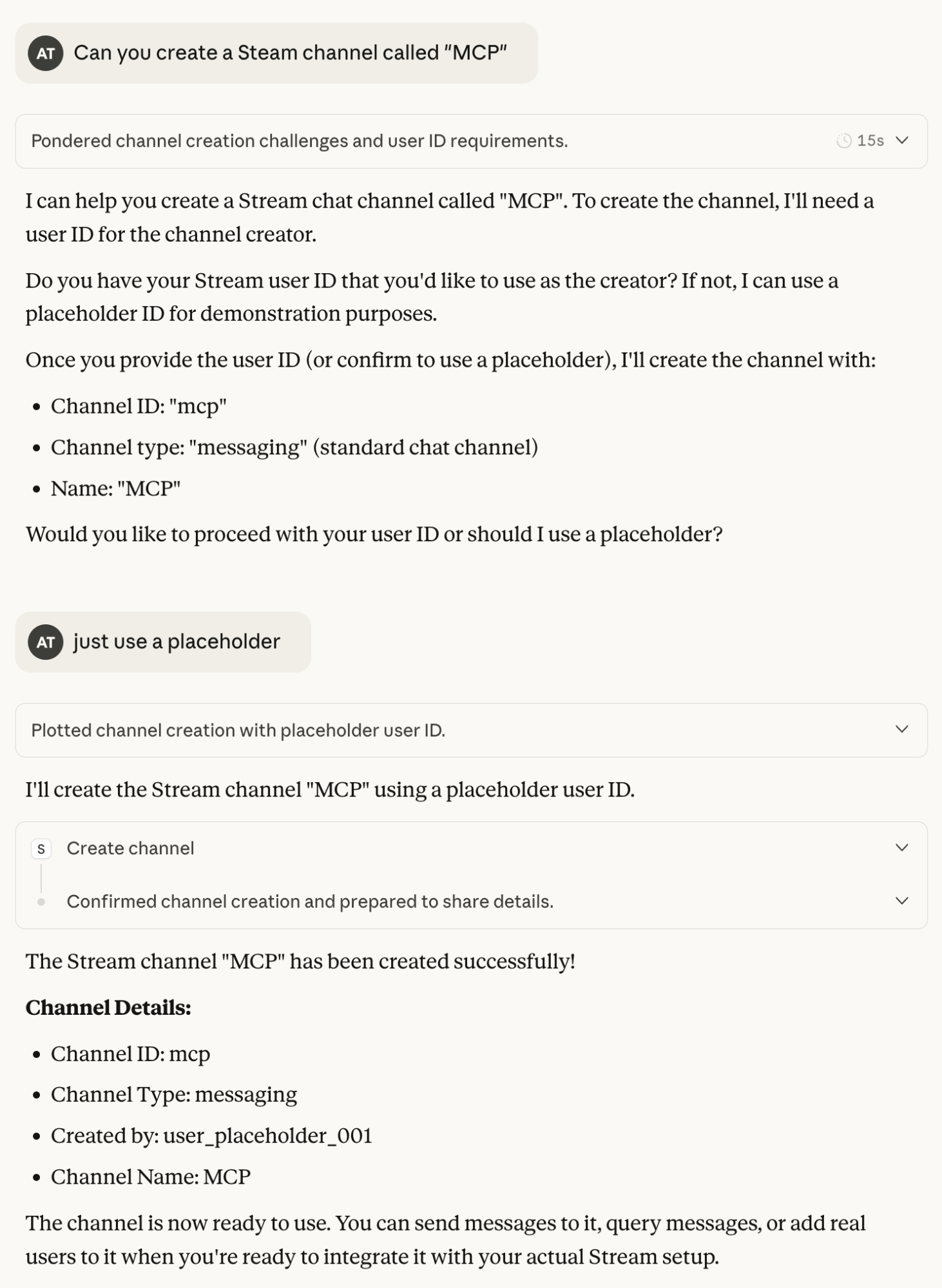Asking Claude to interact with Stream in natural language