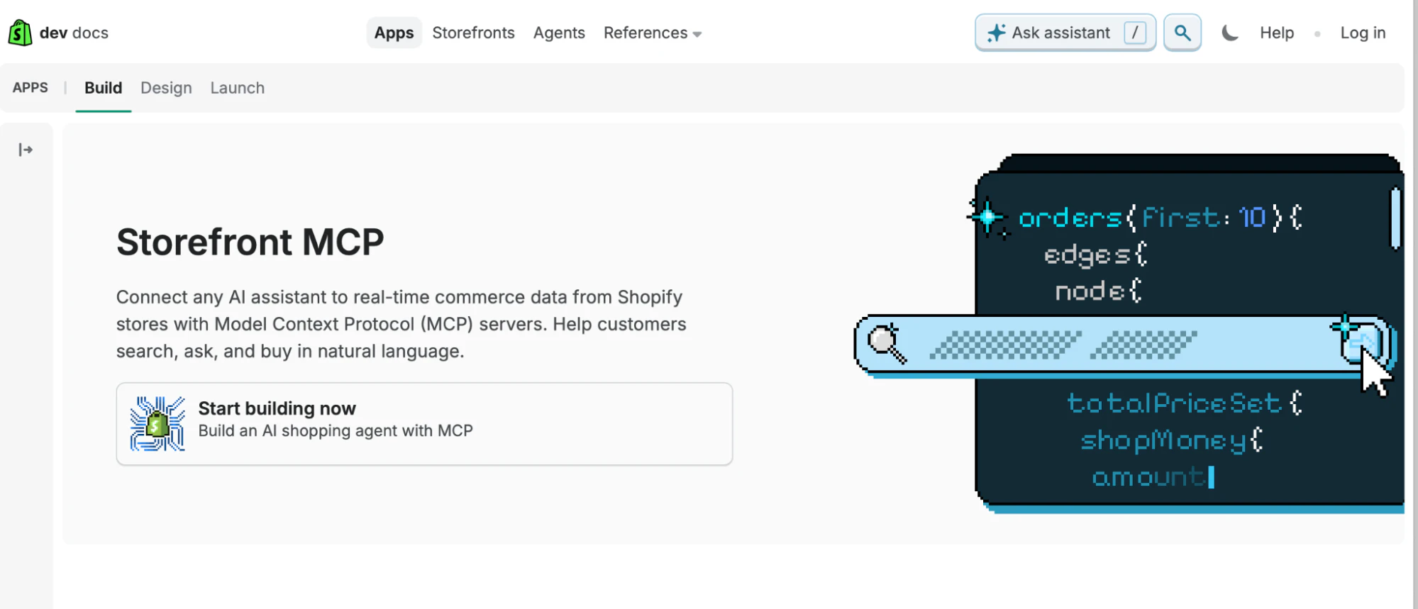 Developer portal showing how to connect AI agents to Shopify via Model Context Protocol