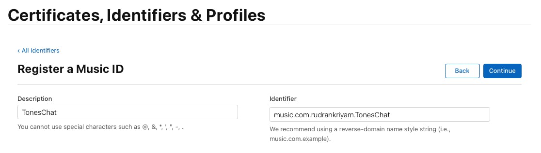 Image shows music id being registered on the apple developer website