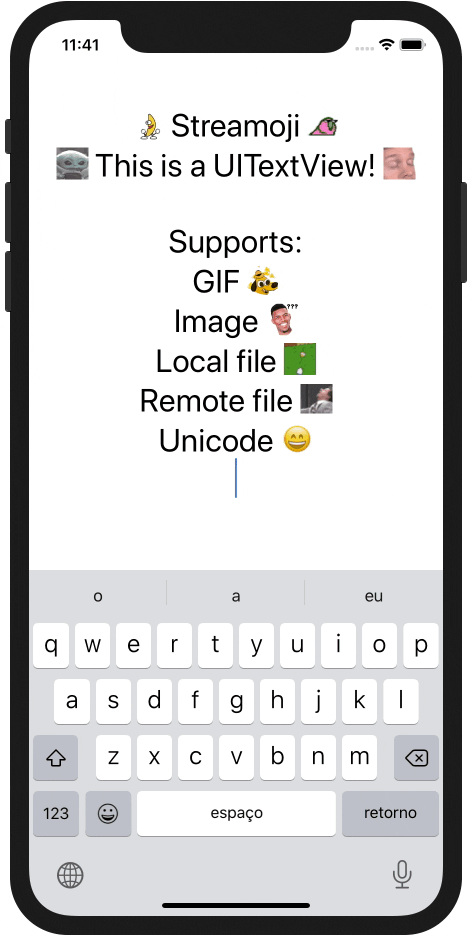 Image shows an iOS example app using Streamoji with custom emojis animated in GIF in a UITextView