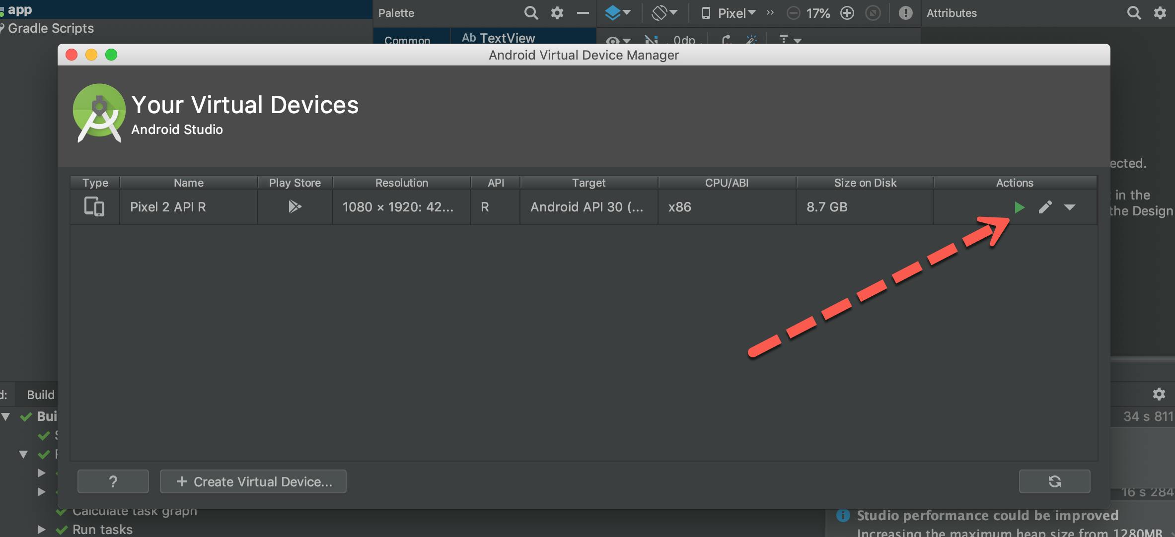 Screenshot of Virtual Devices Window in Android Studio