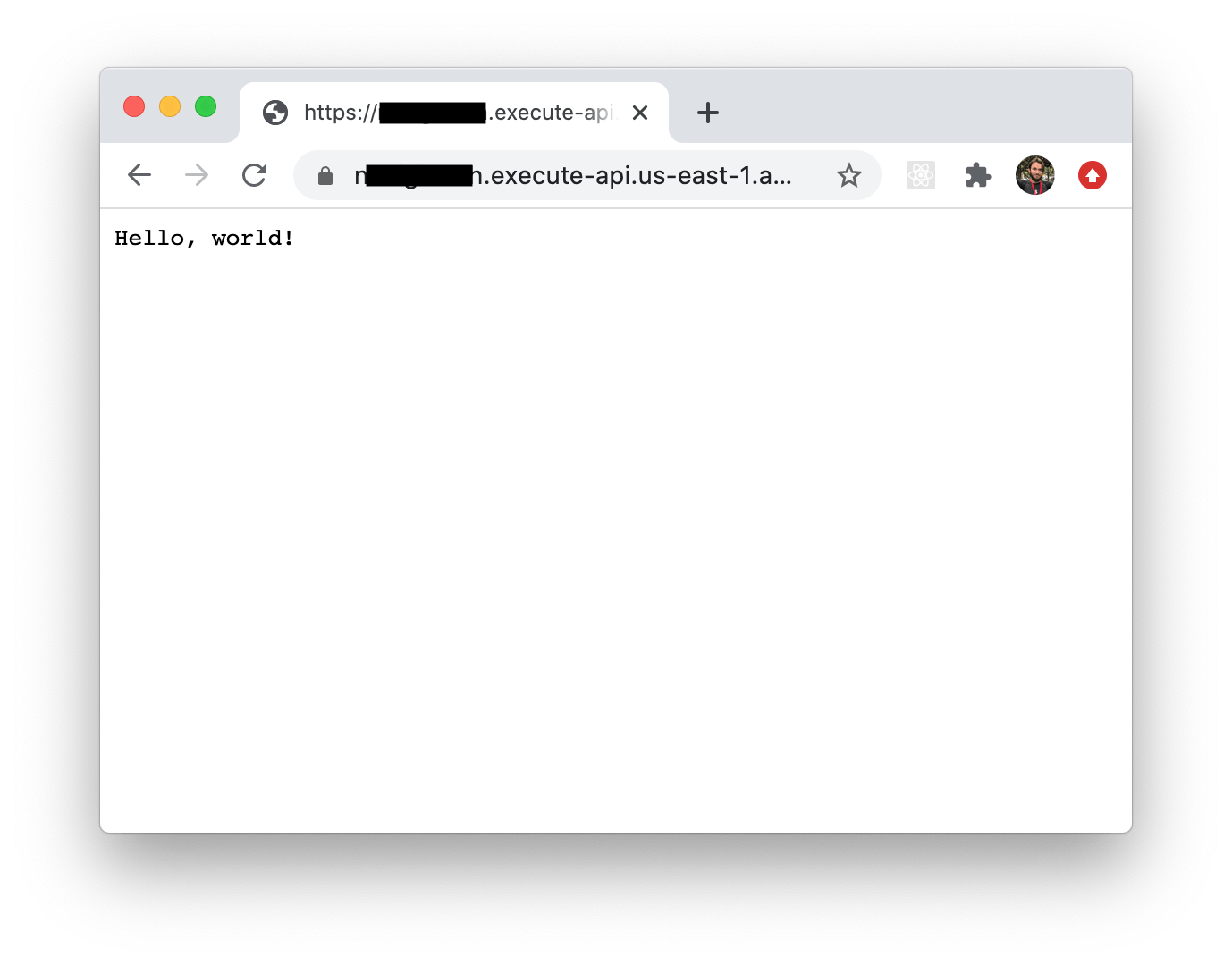 Image shows a browser on an AWS Lambda URL showing the words "Hello, world!" output from the swift code