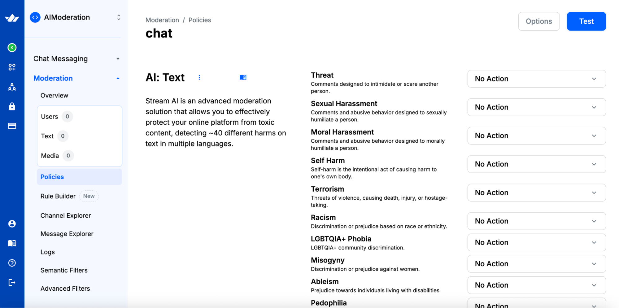 The AI (NLP) Text Moderation section of Stream's Moderation dashboard
