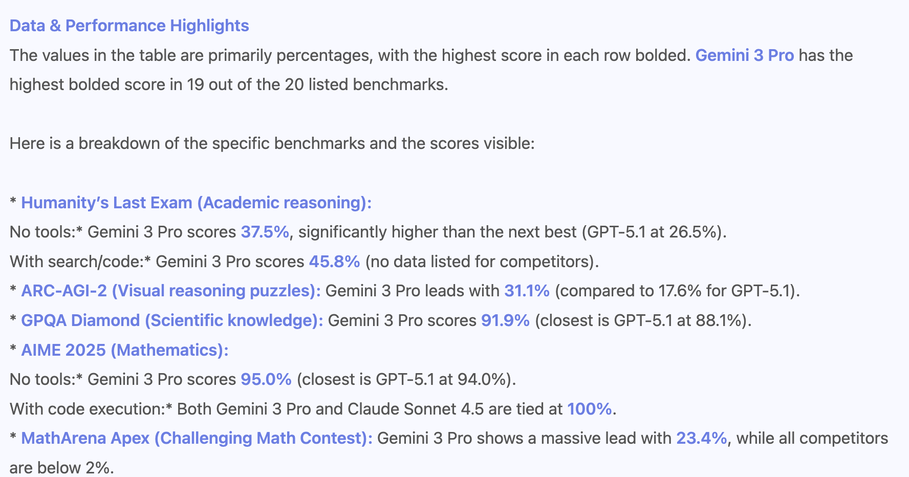 Data and performance highlights capabilities of the Gemini 3 Pro model