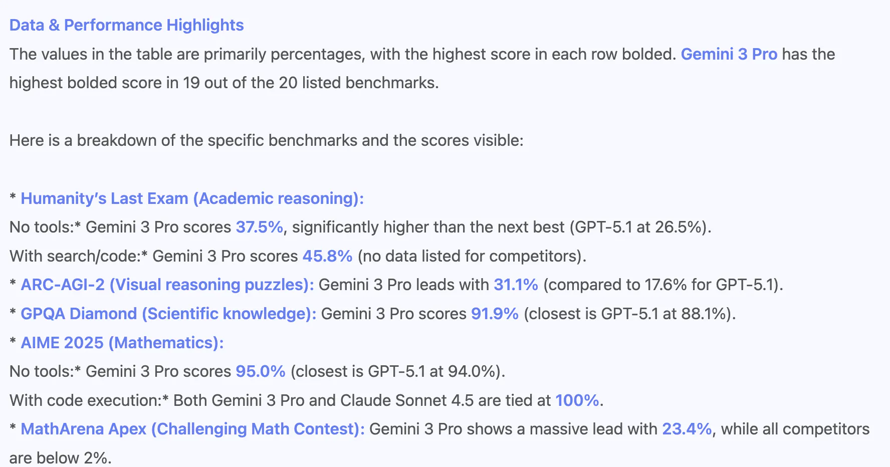 Data and performance highlights capabilities of the Gemini 3 Pro model