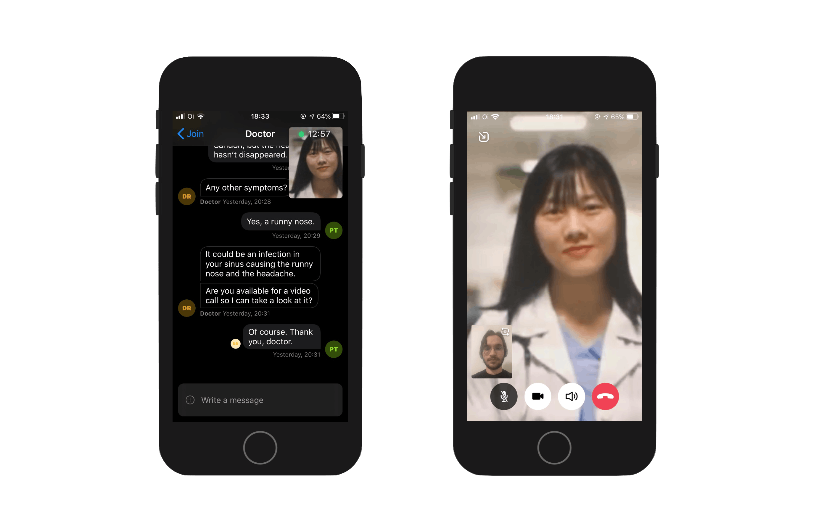 Image shows two screenshots, one from the chat screen with a small video overlay with the doctor, and another with a fullscreen video of the doctor