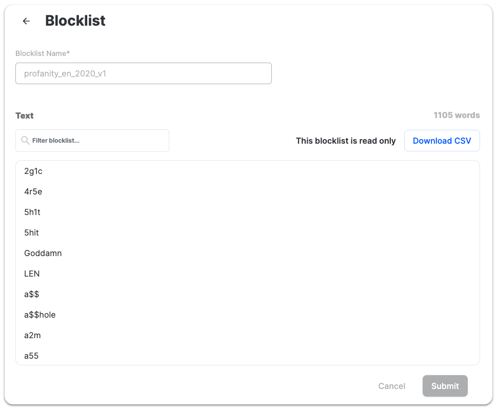 The list of words blocked in the system