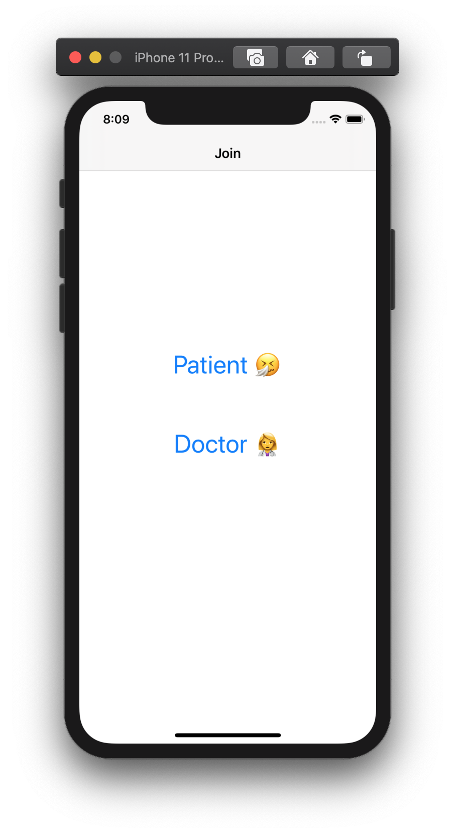 Screenshot shows an app with two buttons, one to join as the patient, and the other to join as the doctor