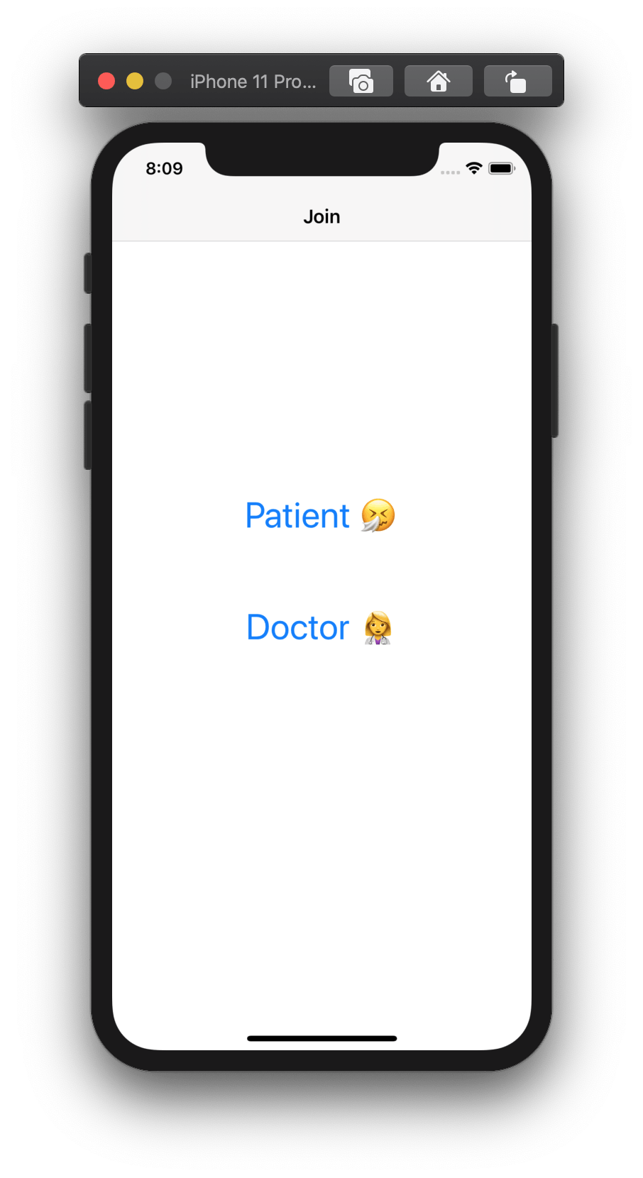 Screenshot shows an app with two buttons, one to join as the patient, and the other to join as the doctor
