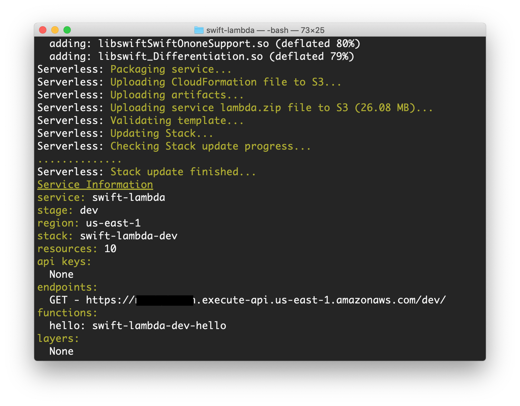 Image shows a terminal window with the deployment process of an AWS Lambda written in Swift finished