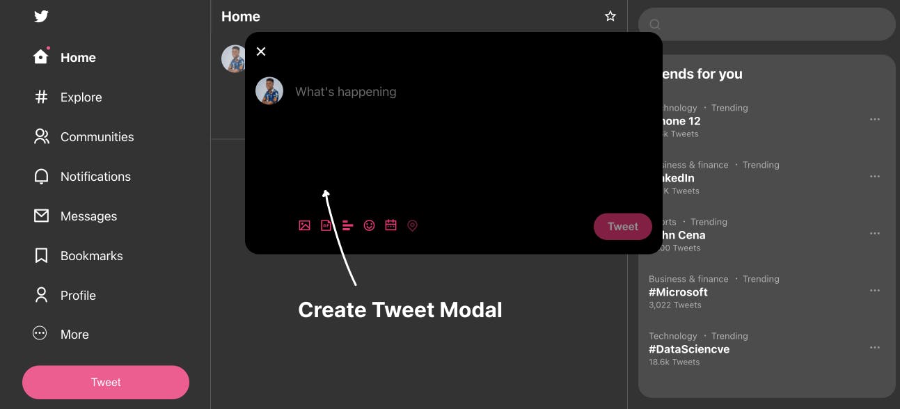Home page with Create Tweet Modal
