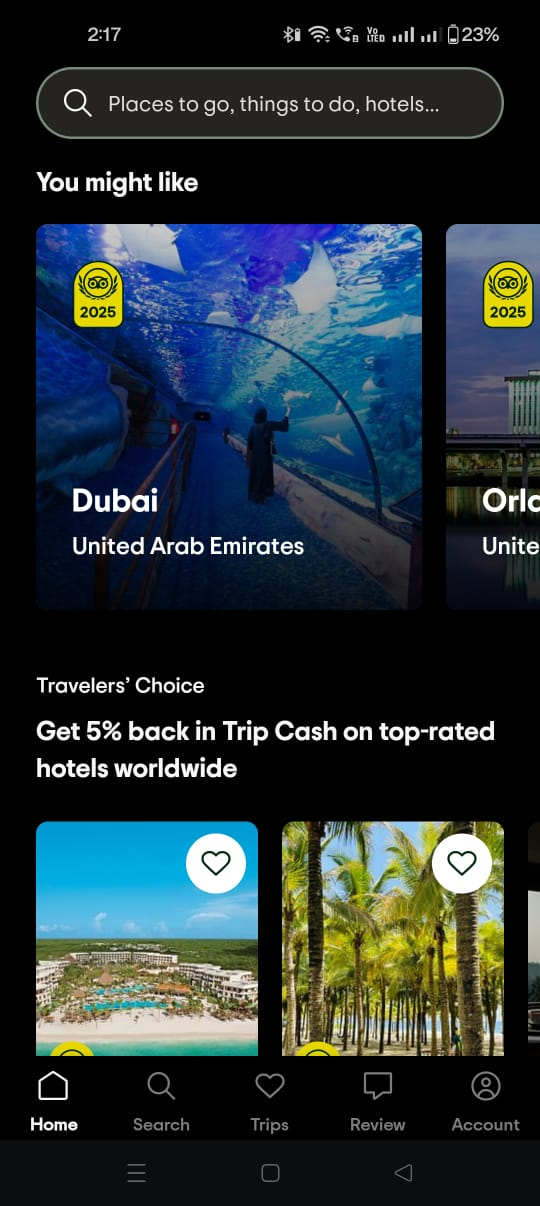 Tripadvisor’s home feed displaying recommended destinations and hotel options