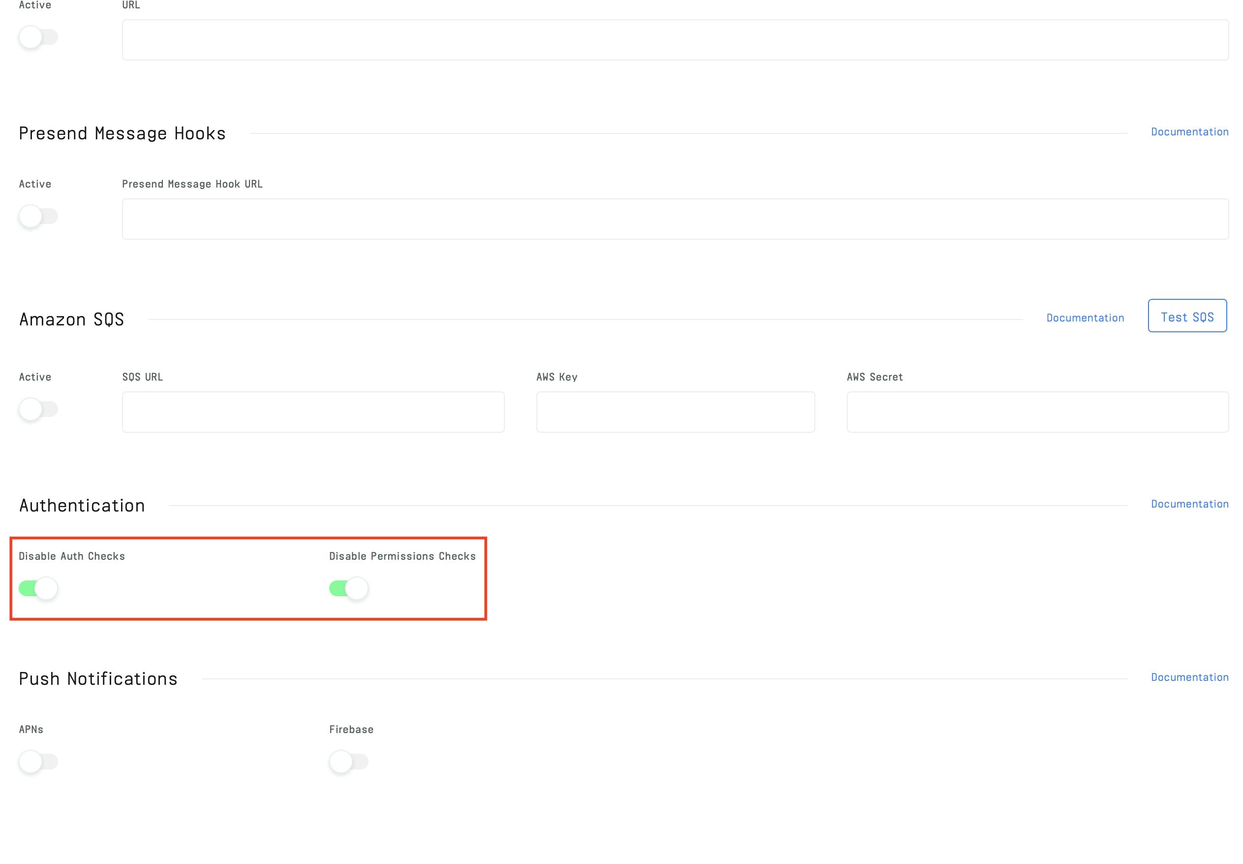Image shows auth checks and permission checks being disabled in the stream dashboard