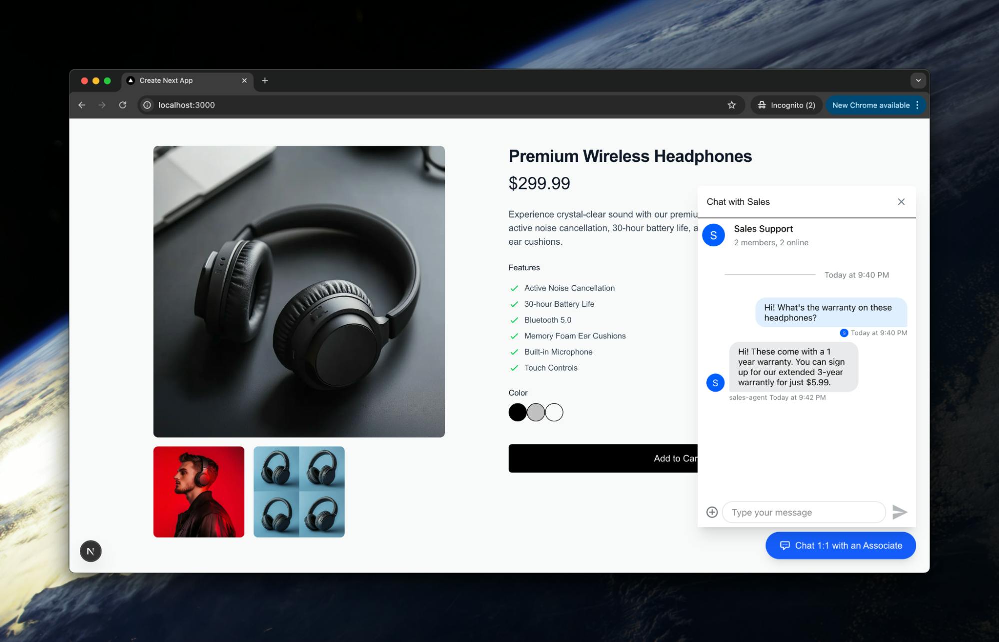 Associate starts chatting with customer in sales chat widget dashboard