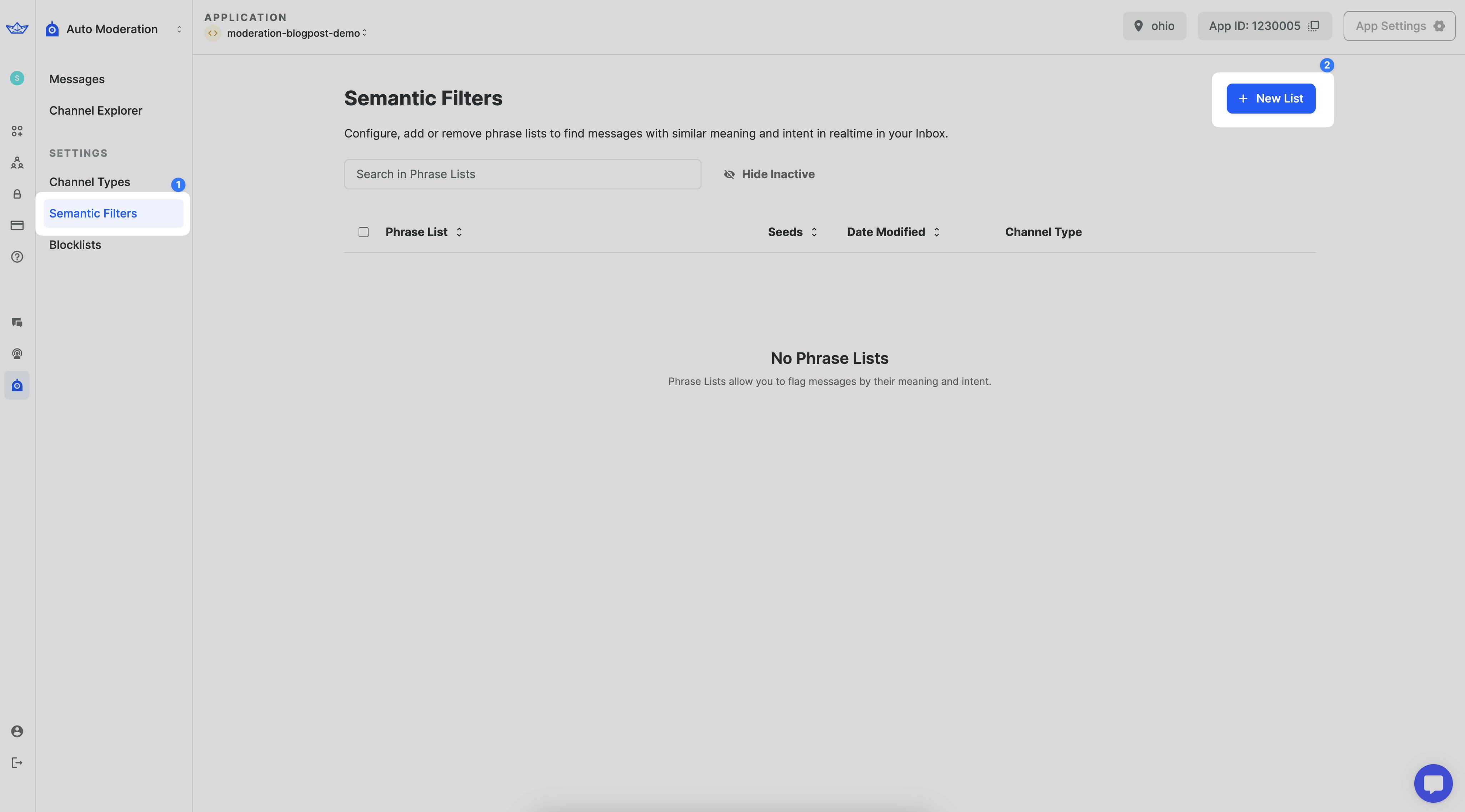 Semantic Filter configuration screen