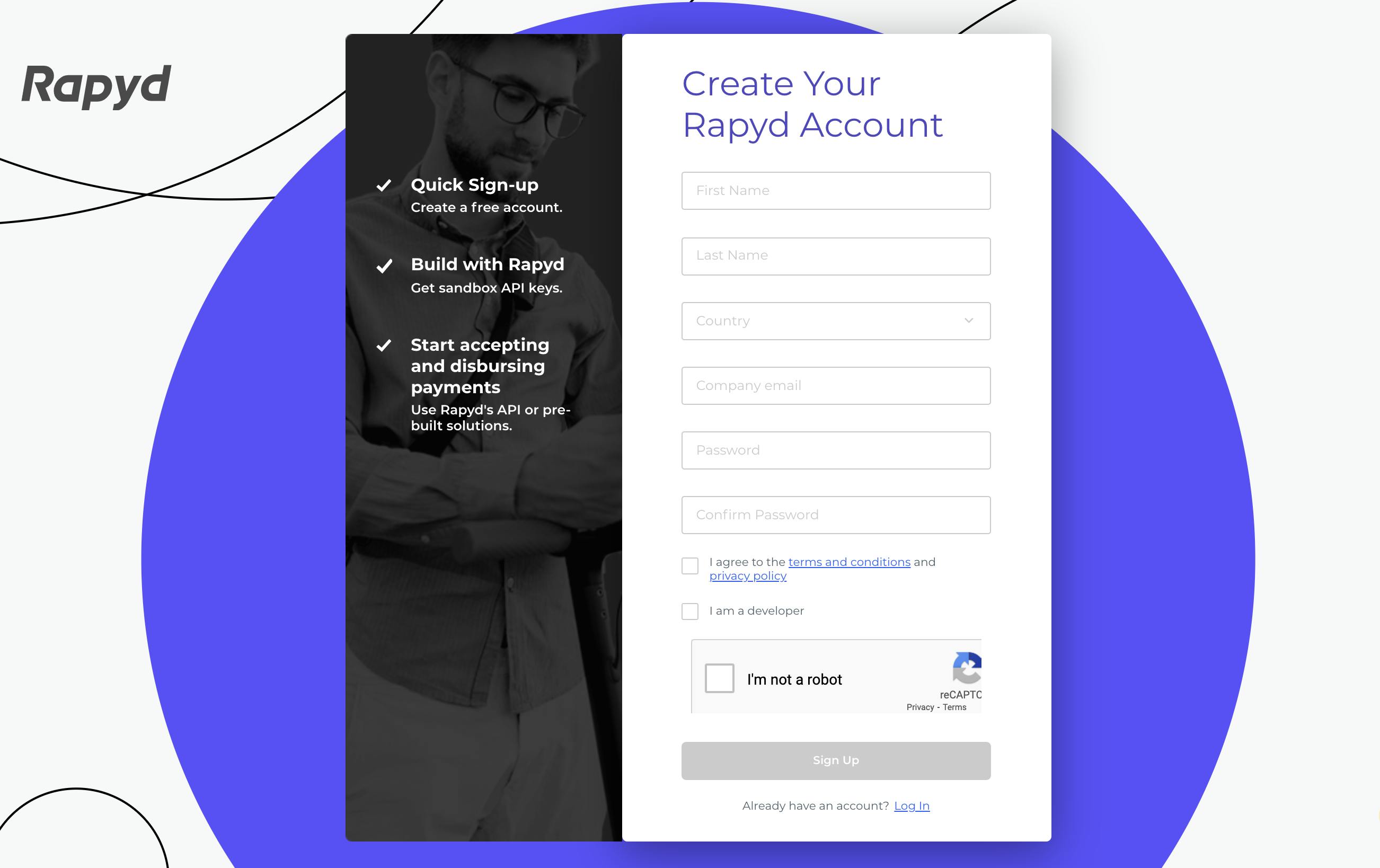 Rapyd API sign-up page.