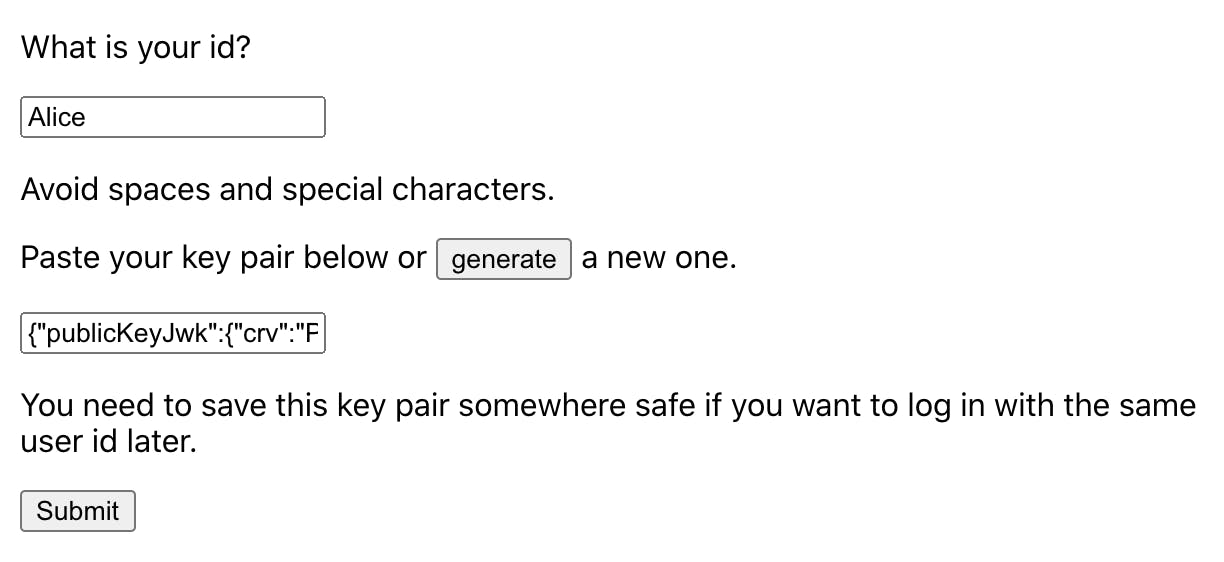 Image shows a login form with an id field, a key pair field,  a generate button, and a submit button