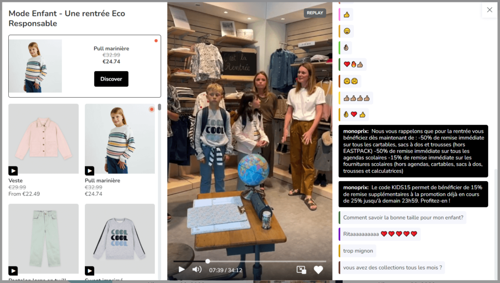 A Skeepers live shopping video embedded on a brand's site with integrated product listings