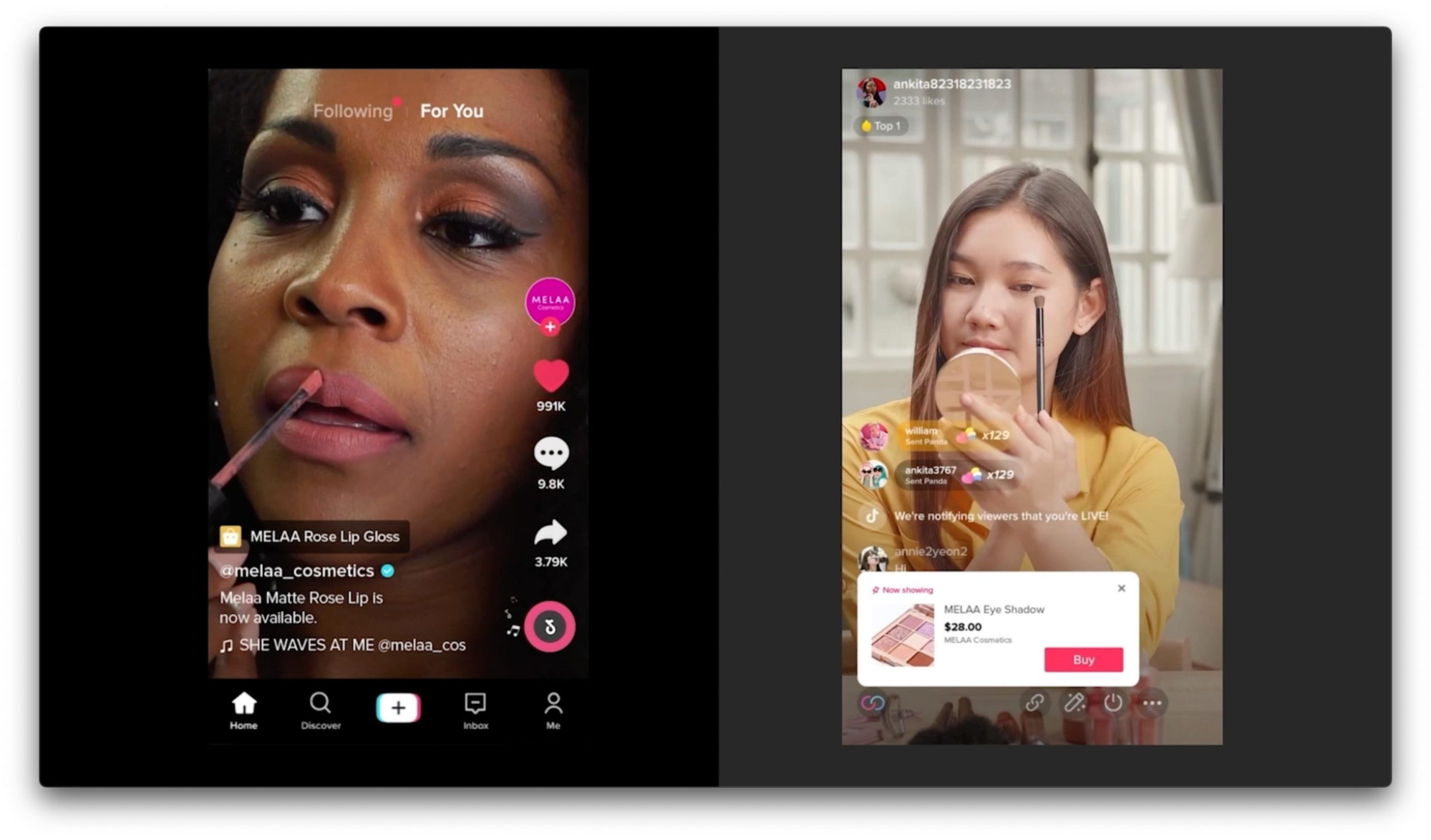 A TikTok Shop live stream with in-app product listing and direct buy option inside the video feed