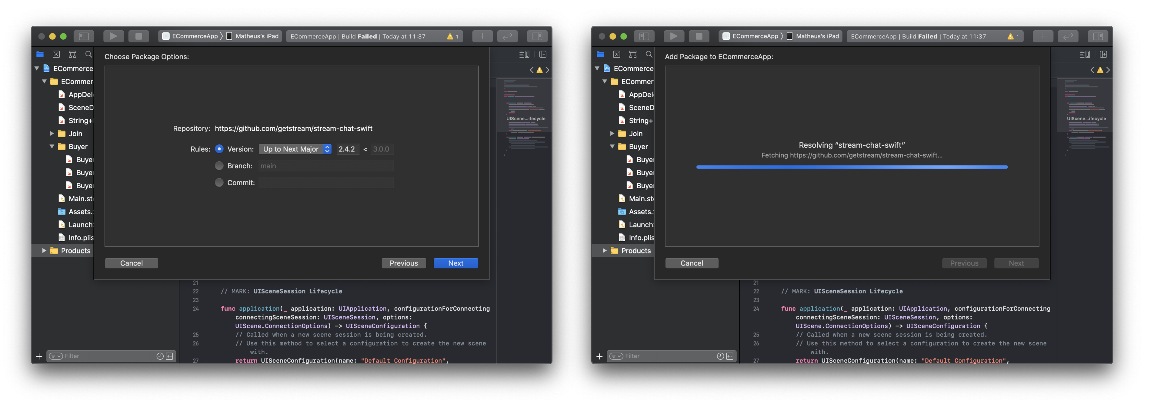 Screenshot shows an Xcode screen selecting a dependency version and an Xcode screen downloading that dependency