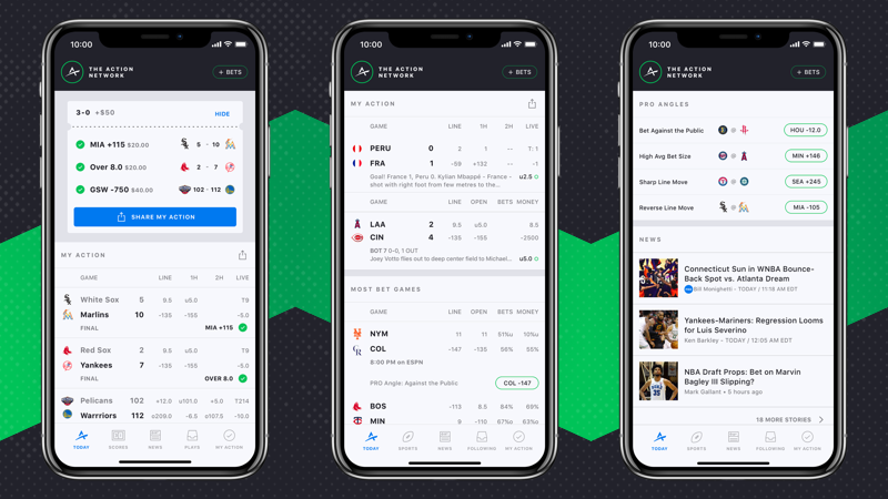Three screenshots of Action Network app