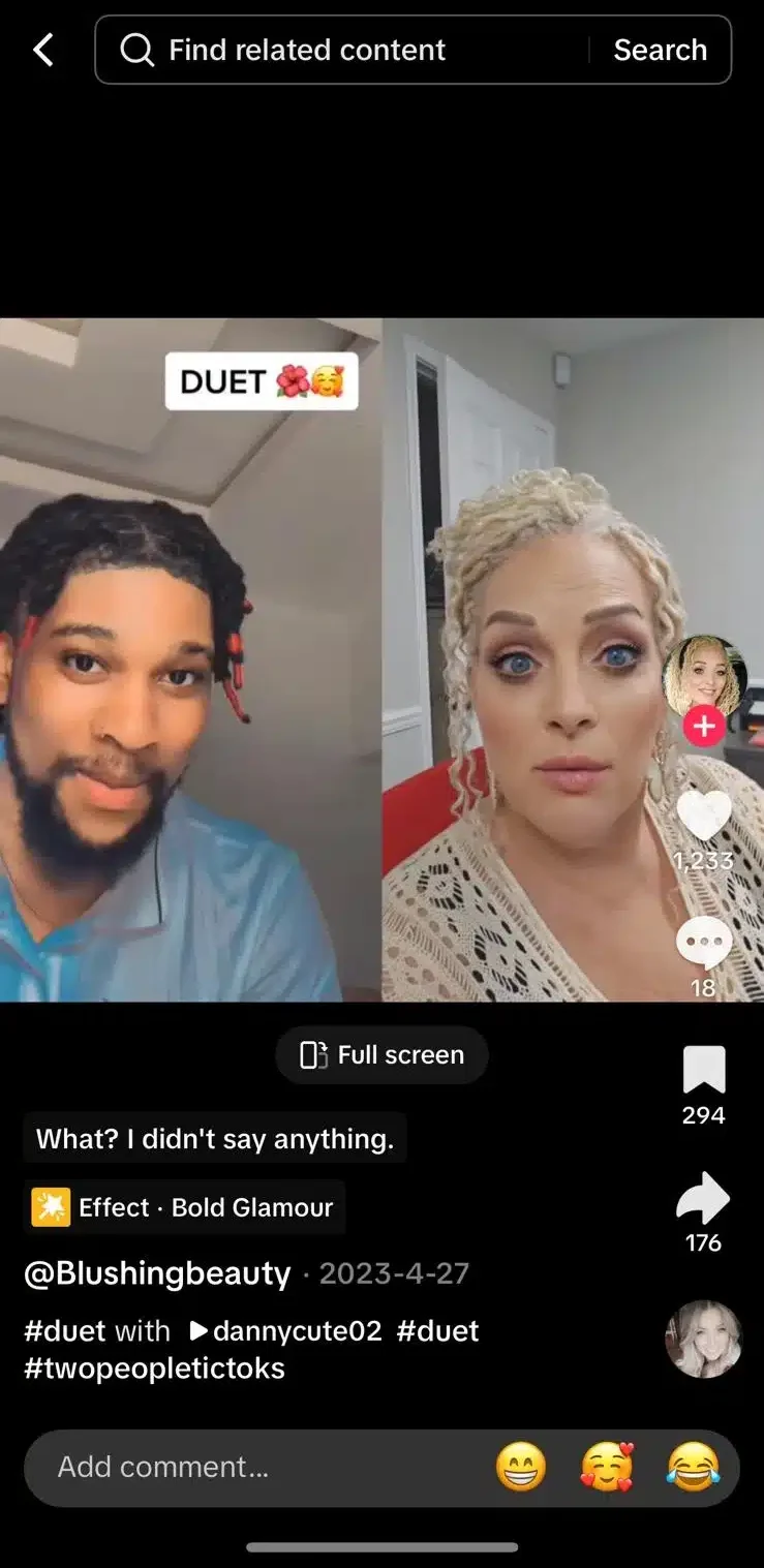 TikTok duet showing two creators side by side in a split-screen video format