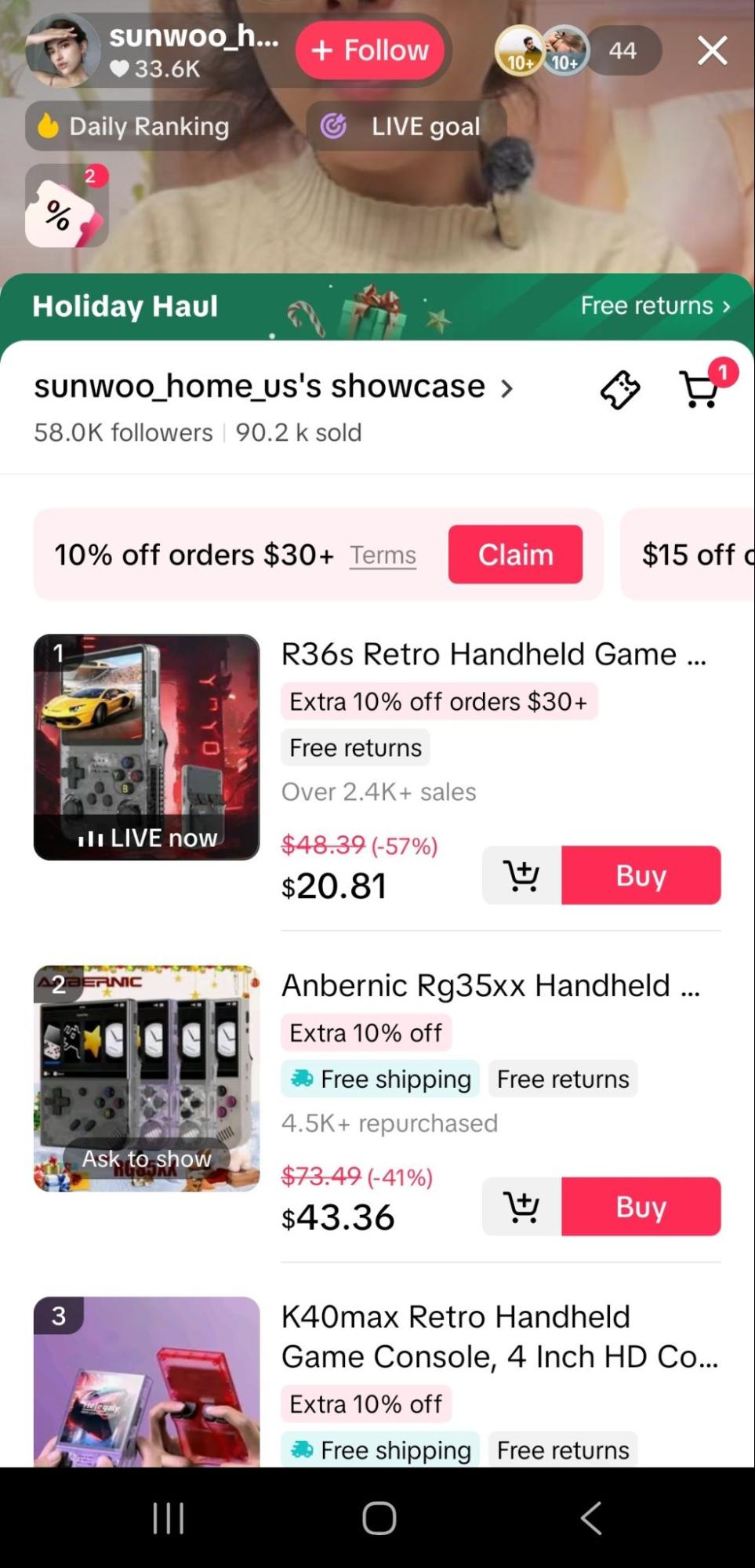 A screenshot of TikTok's livestream product list overlay