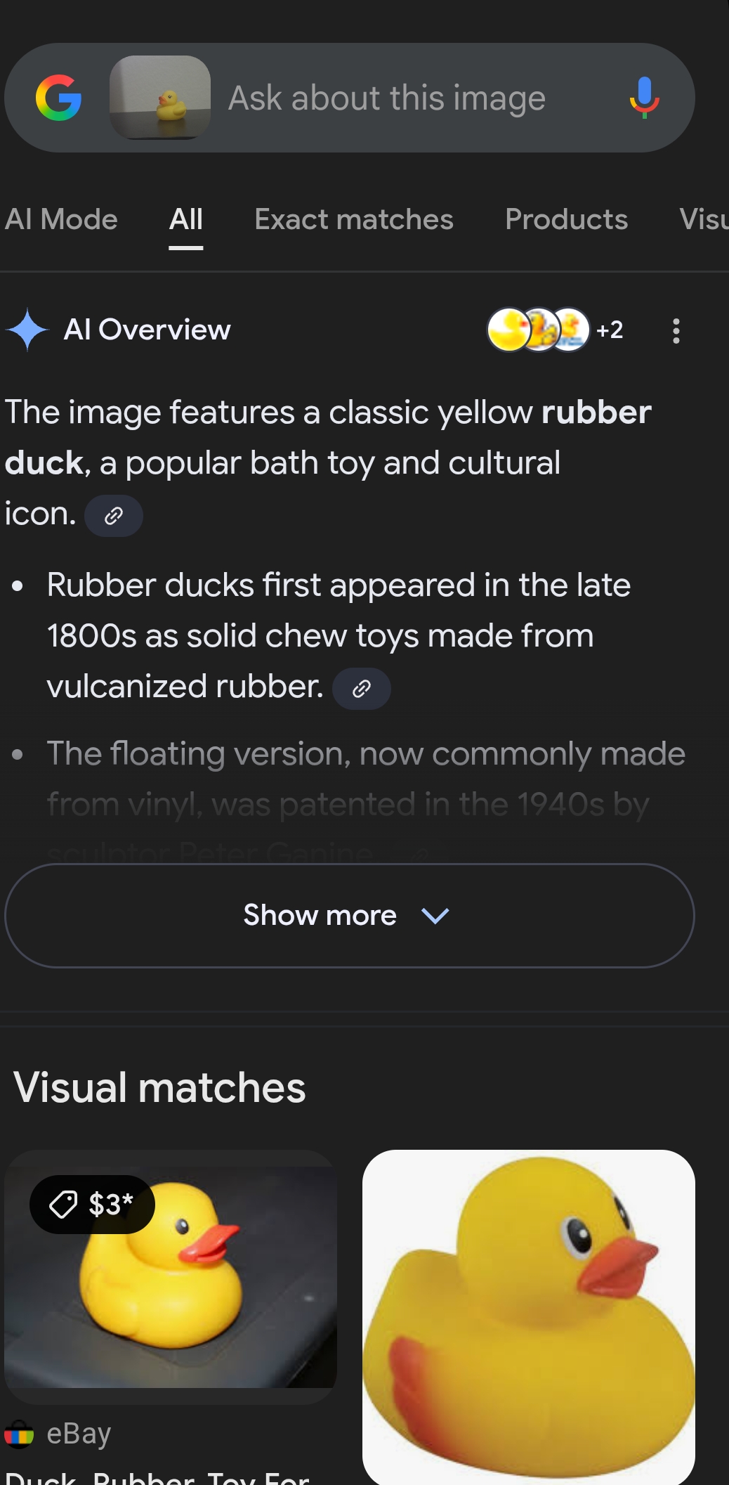 A screenshot of a Google Lens search for a rubber duck