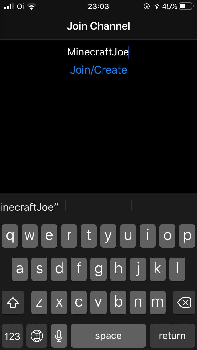 Screenshot shows an app with a text field and a button for joining a  channel