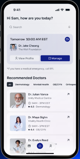A mobile app showing upcoming appointments and doctor recommendations