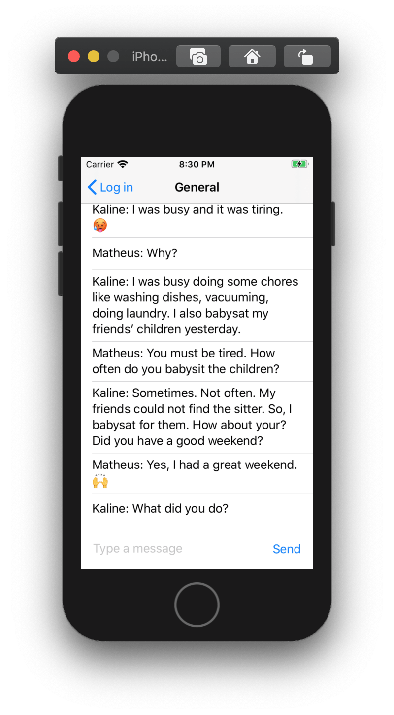 Screenshot shows a simple chat screen with two users chatting running on the iPhone simulator