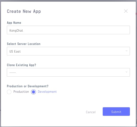 Image shows an app being created in the stream dashboard